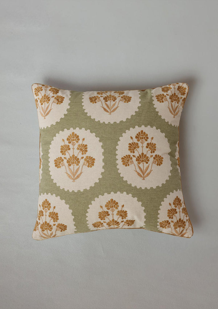 Nargis Green & Mustard | Embroidered Floral |100% Cotton Cushion Cover For Sofa
