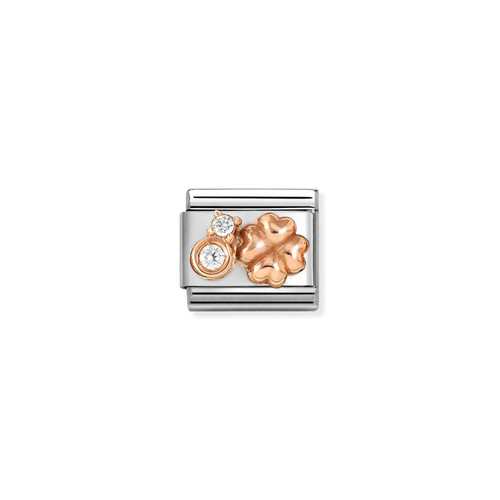 Nomination Classic 9K Rose Gold Charm CZ White Rounded Four Leaf Clover