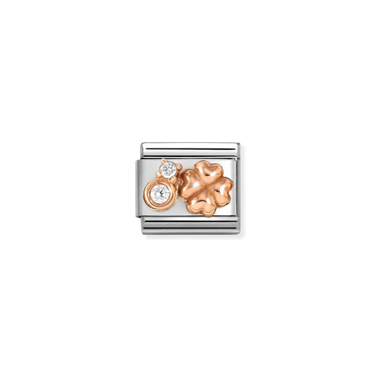 Nomination Classic 9K Rose Gold Charm CZ White Rounded Four Leaf Clover