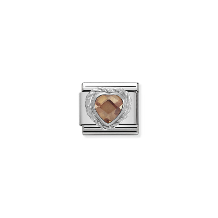Nomination Classic Link Faceted Champagne Cubic Zirconia Heart With Twisted Silver Charm