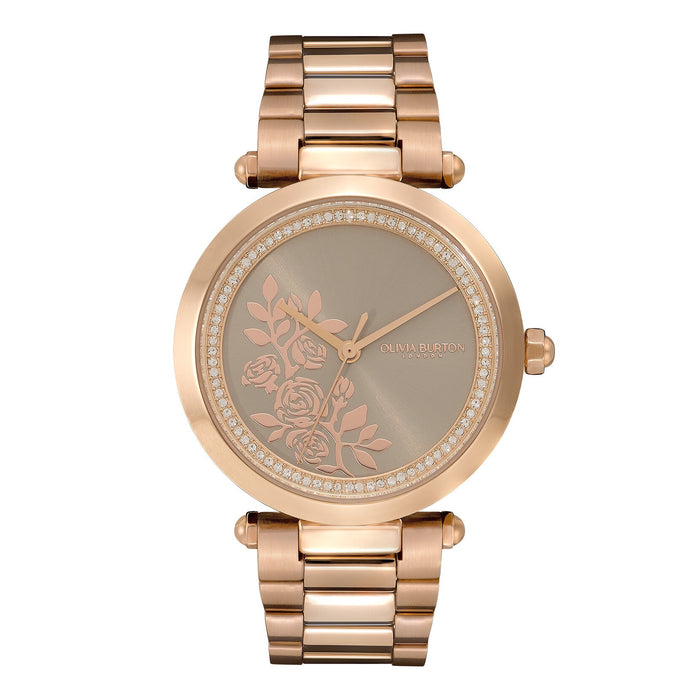 Olivia Burton Floral T-Bar Grey & Carnation Gold Bracelet Watch