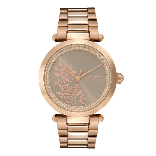 Olivia Burton Floral T-Bar Grey & Carnation Gold Bracelet Watch