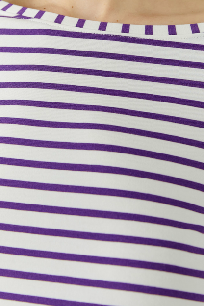 Oui Sumiko long sleeve striped shirt in violet and white with a fitted silhouette. Shop Oui at Dotique.