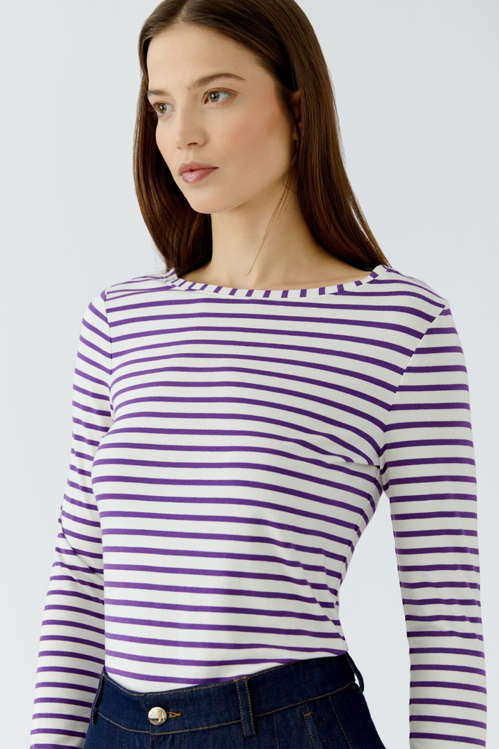 Oui Sumiko long sleeve striped shirt in violet and white with a fitted silhouette. Shop Oui at Dotique.