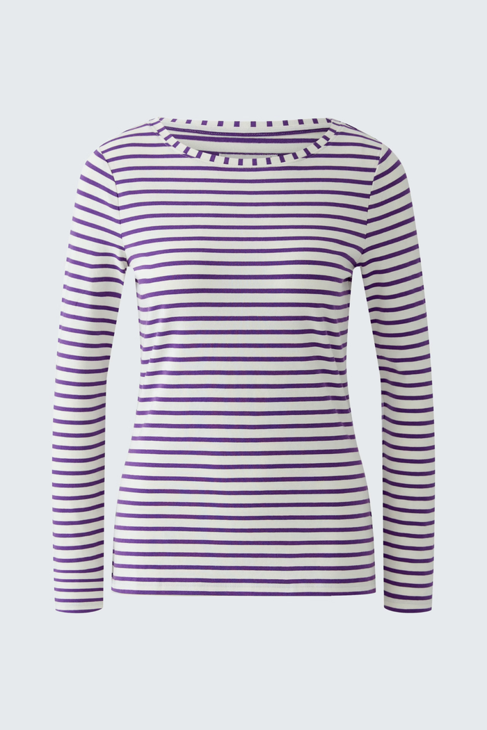 Oui Sumiko long sleeve striped shirt in violet and white with a fitted silhouette. Shop Oui at Dotique.