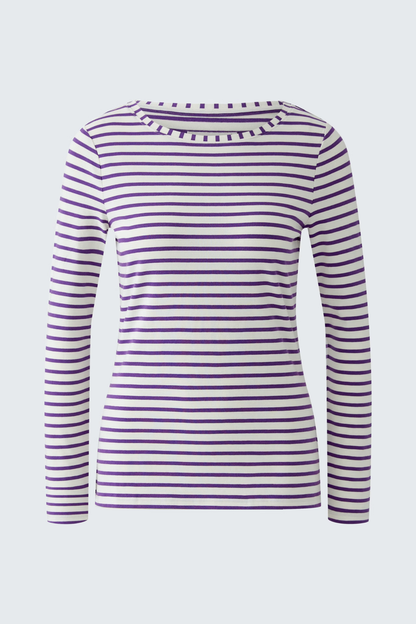 Oui Sumiko long sleeve striped shirt in violet and white with a fitted silhouette. Shop Oui at Dotique.