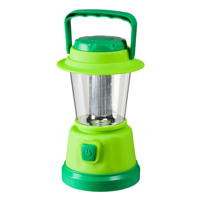The Outdoor Discovery LED Lantern by Outdoor Discovery features a bright green and yellow design with a top handle and large front power button, making it perfect for kids’ outdoor adventures; shown against a white background.
