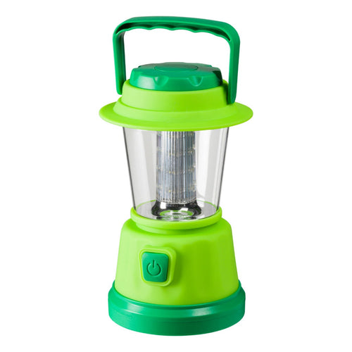 The Outdoor Discovery LED Lantern by Outdoor Discovery features a bright green and yellow design with a top handle and large front power button, making it perfect for kids’ outdoor adventures; shown against a white background.