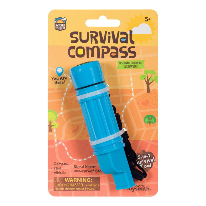 A packaged Outdoor Discovery Survival Compass by Outdoor Discovery for ages 5+. This blue, kid-sized tool features a compass, flint, whistle, signal mirror, waterproof storage, and comes on a card with an orange map background and product info.