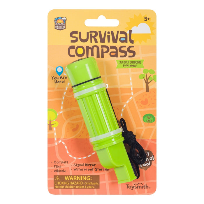 The Outdoor Discovery Survival Compass by Outdoor Discovery is a green plastic kid-sized 5-in-1 tool with a black cord, map design, flint, whistle, signal mirror, and waterproof storage. Packaged for ages 5+.