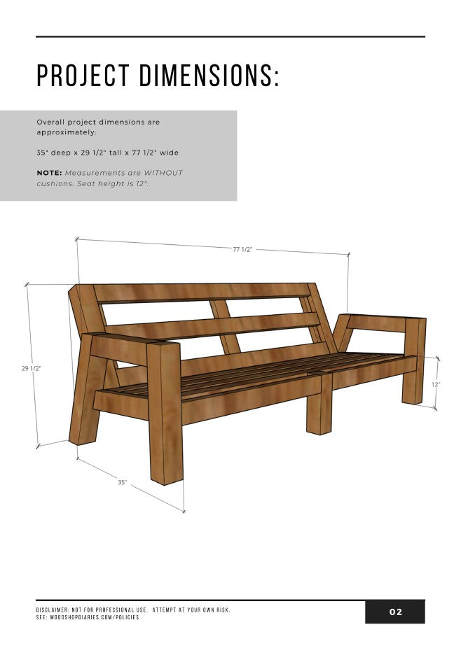 Project dimensions diagram for DIY outdoor sofa