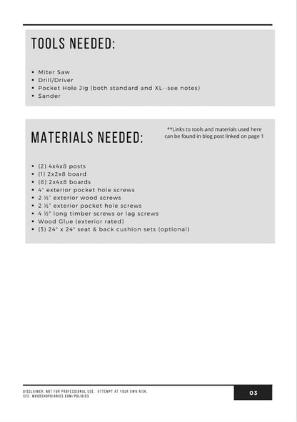Tools and materials list for building a DIY outdoor sofa – lumber, screws, pocket hole jig, and optional cushions