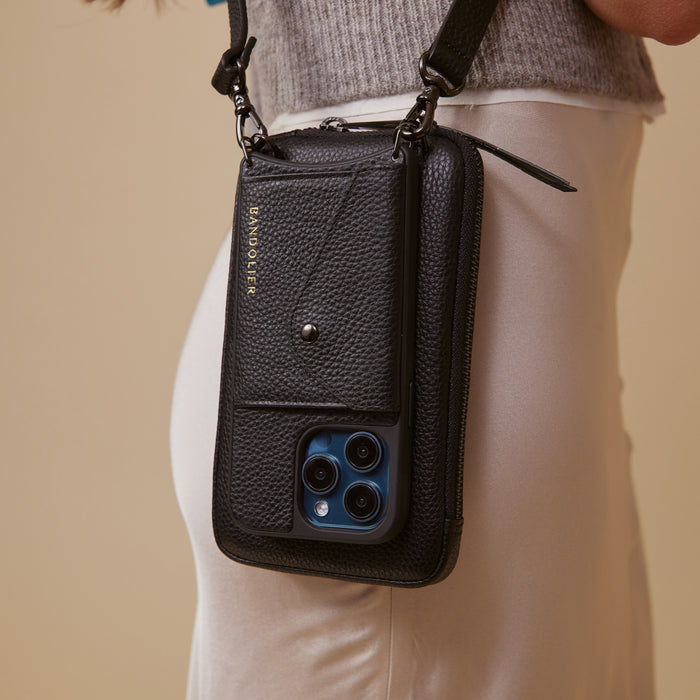 Pebble Leather Expanded Zip Pouch - Black/Pewter