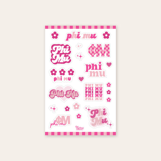 The Darling Effect’s Phi Mu Sticker Sheet features “Phi Mu” in pink and white fonts with flowers, hearts, and sparkles on a white background with a pink striped border—perfect for showing your sorority spirit.
