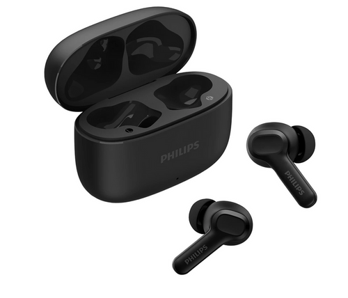 Black Philips wireless earbuds with charging case on a white background