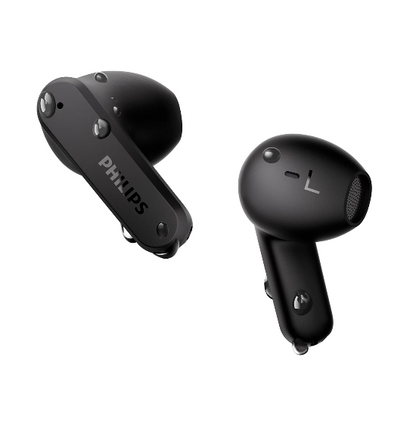 Black Philips wireless earbuds on a white background
