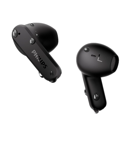 Black Philips wireless earbuds on a white background