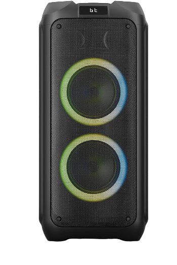 Black portable speaker with RGB lighting on a white background