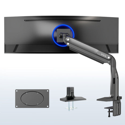 Monitor stand with monitor, arm, and additional components on a white background