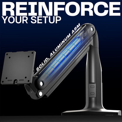 Black adjustable arm stand with blue light on a dark background, featuring text 'REINFORCE YOUR SETUP' and 'SOLID ALUMINUM ARM'.