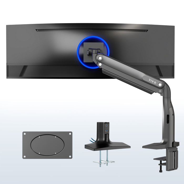 Sturdy adjustable pneumatic arm single ultrawide monitor ergonomic desk mount with USB ports for office workstation.
