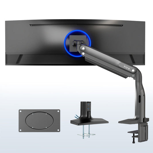 Sturdy adjustable pneumatic arm single ultrawide monitor ergonomic desk mount with USB ports for office workstation.