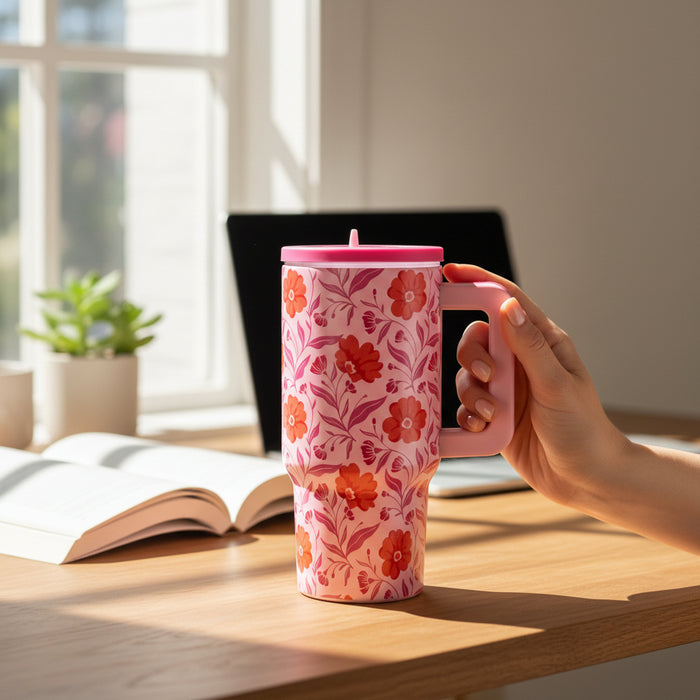 A hand holds The Darling Effect Poppin' Petals Hot Pink 20 oz Lifestyle Flip Straw Tumbler on a sunlit wooden desk with an open book, laptop, and a small potted plant near a window in the background.