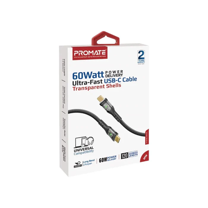 Promate Ultra Fast Charger Cable, Type-C to Type-C, 1.2Mm, 60Watts, Navy