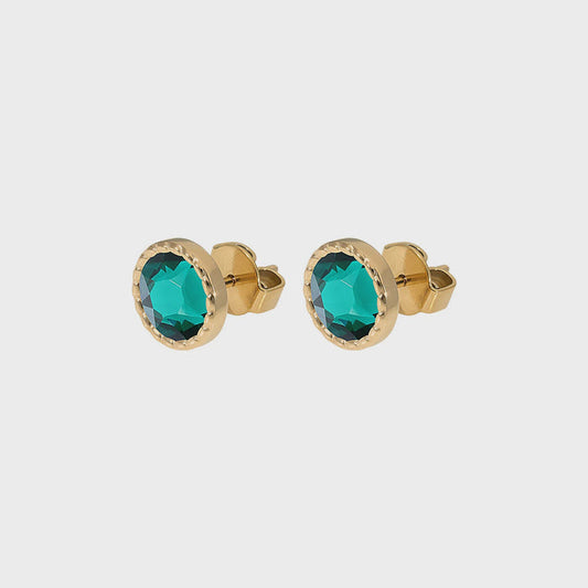 Qudo Bocconi Flat Gold Stud Earrings - Emerald