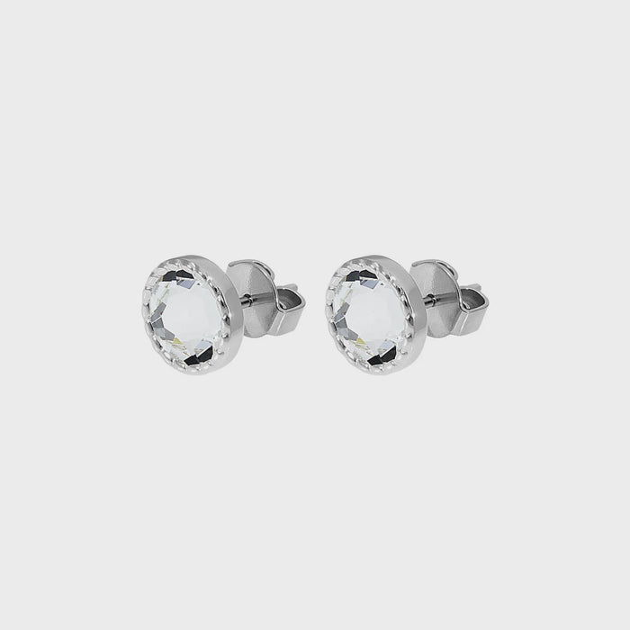 Qudo Bocconi Flat Silver Stud Earrings - Crystal