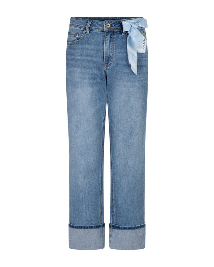 Red Button High Hem Jeans & Scarf