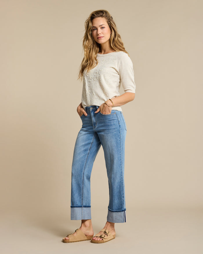 Red Button High Hem Jeans & Scarf