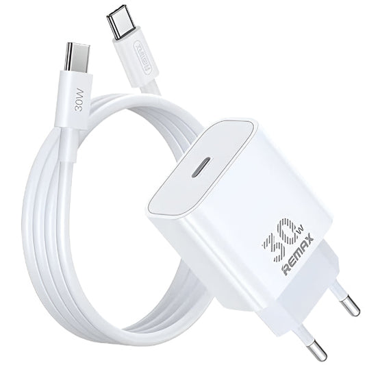 Remax Wall Charger & Fast Data Cable, 30Watts, White