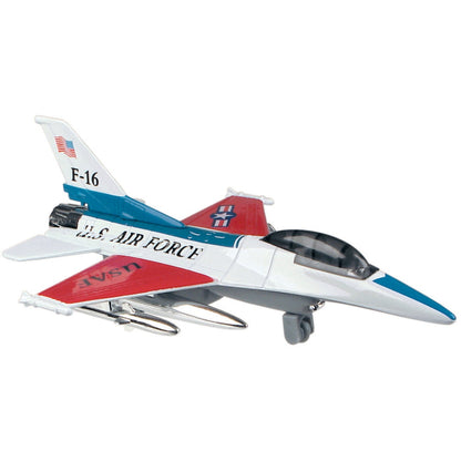 The Rollin' Airforce Fliers by Rollin' is a die-cast metal U.S. Air Force F-16 jet toy in red, white, and blue with F-16 markings, missiles under the wings—great for young pilots or fans of pull-back jets.