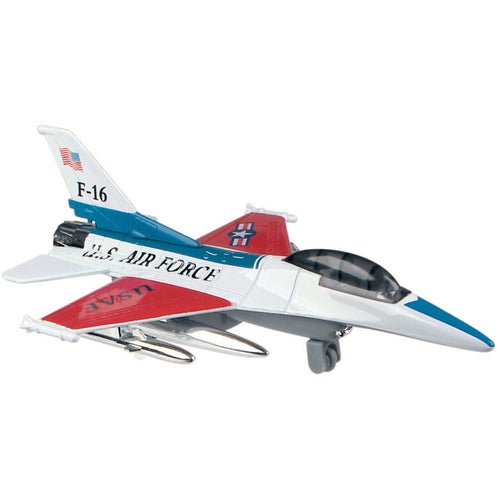The Rollin' Airforce Fliers by Rollin' is a die-cast metal U.S. Air Force F-16 jet toy in red, white, and blue with F-16 markings, missiles under the wings—great for young pilots or fans of pull-back jets.