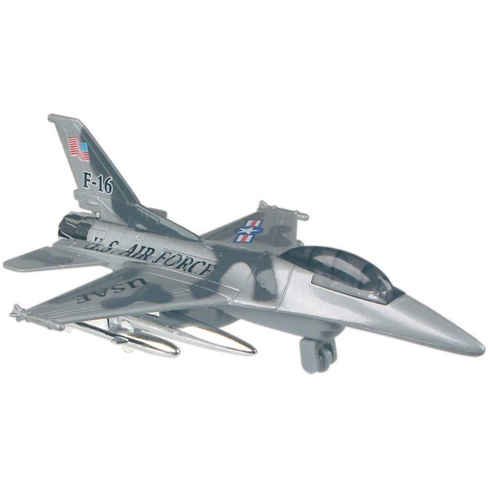 The Rollin' Airforce Fliers by Rollin' is a grey die-cast metal model of a U.S. Air Force F-16 jet with cockpit details, USAF markings, and visible wing missiles—ideal for collectors and Air Force fans.