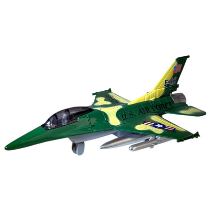 The Rollin' Airforce Fliers by Rollin' is a green and yellow die-cast metal model of a U.S. Air Force F-16 jet, detailed with American flag and military insignia decals plus missiles—perfect for fans of Air Force aviation.