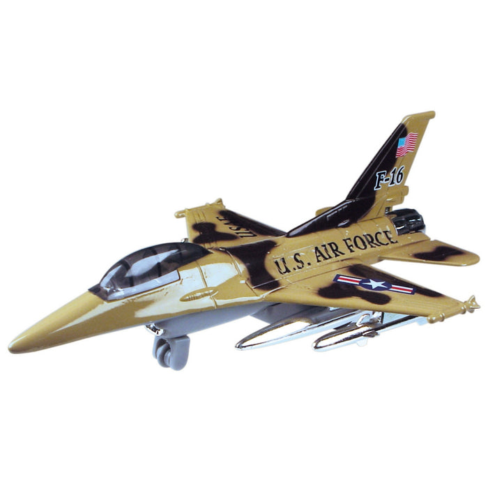 The Rollin’ Airforce Fliers by Rollin’ is a die-cast metal F-16 fighter jet toy featuring camouflage and gold paint, visible decals, and extended landing gear—ideal for aspiring pilots or fans of pull-back jet toys.