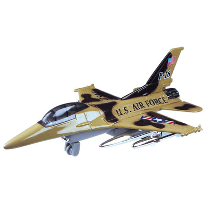 The Rollin’ Airforce Fliers by Rollin’ is a die-cast metal F-16 fighter jet toy featuring camouflage and gold paint, visible decals, and extended landing gear—ideal for aspiring pilots or fans of pull-back jet toys.