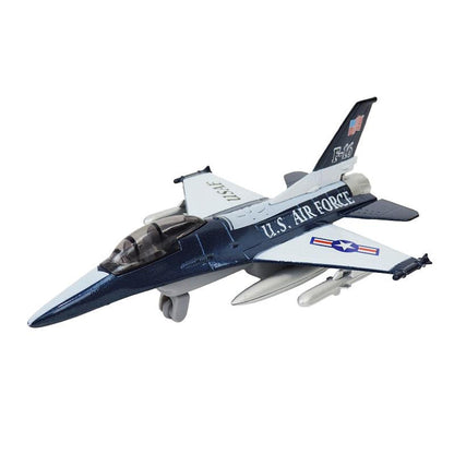 The Rollin' Airforce Fliers by Rollin' is a die-cast metal model of a U.S. Air Force F-16 jet in blue and white, featuring detailed cockpit, missile attachments, and authentic markings—ideal for Air Force fans and collectors.