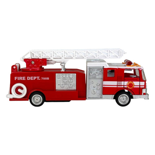 The Rollin' Sonic Fire Engine by Rollin' is a red die-cast fire truck with a white extendable ladder, silver details, FIRE DEPT. 700B on the side, hose, control panel, emergency lights, and pull-back action for realistic play.