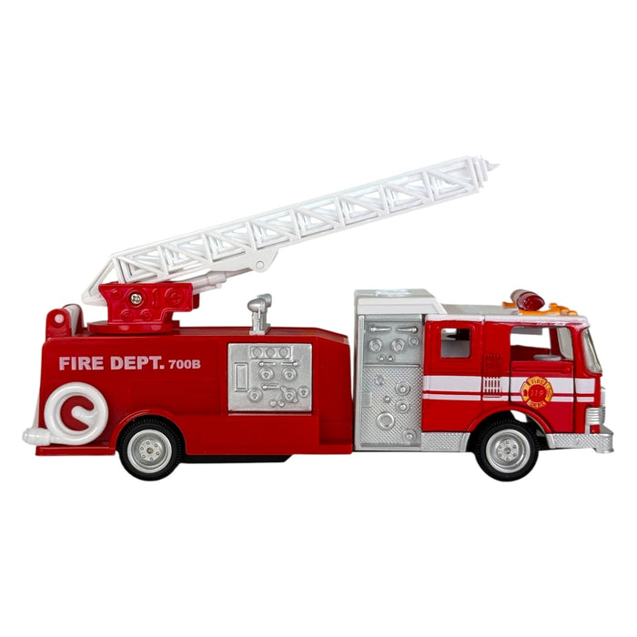 The Rollin' Sonic Fire Engine by Rollin' is a red die-cast fire truck with a white extendable ladder, silver accents, FIRE DEPT. 700B on the side, and pull-back action, shown in profile on a white background.