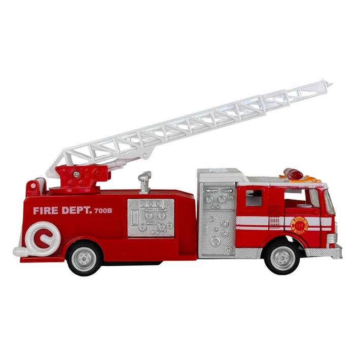 The Rollin' Sonic Fire Engine by Rollin' is a red die-cast fire truck featuring a white extendable ladder, detailed control panels, FIRE DEPT. 700B on the side, black wheels, and flashing emergency lights on the roof for realistic rescue play.