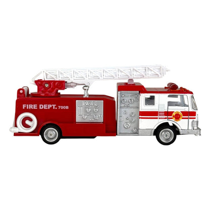 The Rollin’ Sonic Fire Engine by Rollin’ features a red and white die-cast body, silver details, ladder on top, “FIRE DEPT. 700B” on the side, black wheels, emergency markings, and pull-back action for extra fun.