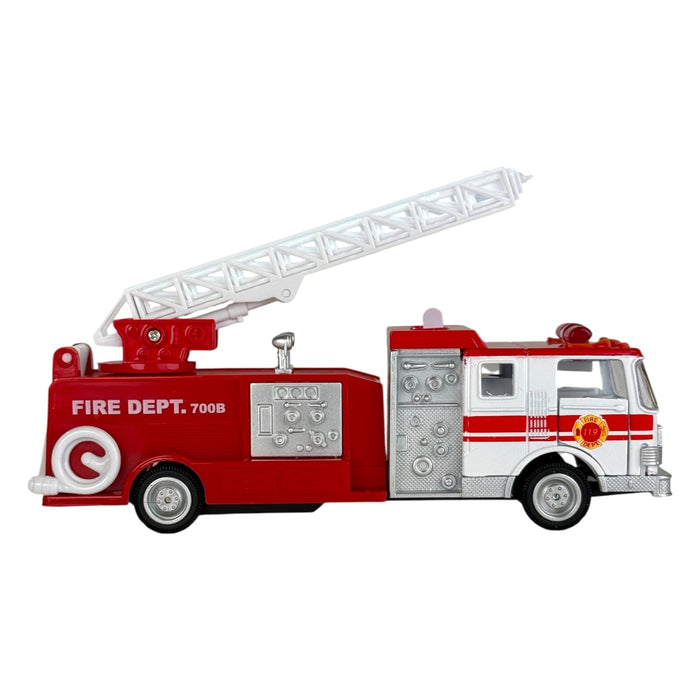 The Rollin’ Sonic Fire Engine by Rollin’ is a red and white die-cast fire truck with an extended white ladder, FIRE DEPT. 700B on the side, detailed panels, a fire department logo, and pull-back action for fast rescues.
