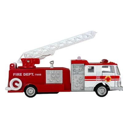 The Rollin’ Sonic Fire Engine by Rollin’ is a red and white die-cast fire truck with an extended white ladder, FIRE DEPT. 700B on the side, detailed panels, a fire department logo, and pull-back action for fast rescues.