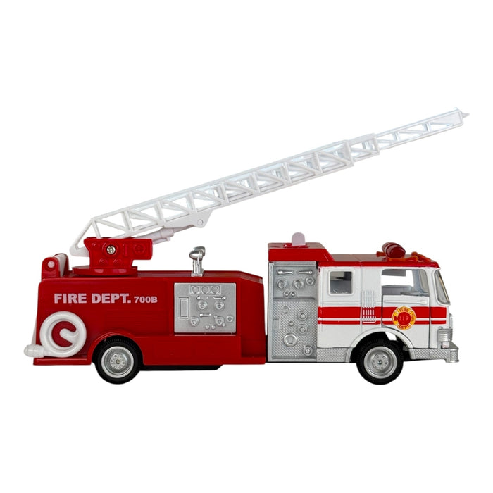 The Rollin' Sonic Fire Engine by Rollin' is a red and white die-cast fire truck with a raised silver ladder, detailed panels, FIRE DEPT. 700B graphics, and pull-back action for exciting play.