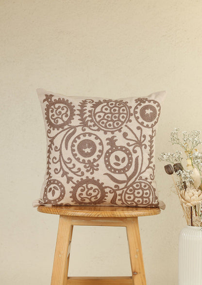Ruby Brown | Embroidered Neutral |100% Cotton Cushion Cover For Sofa
