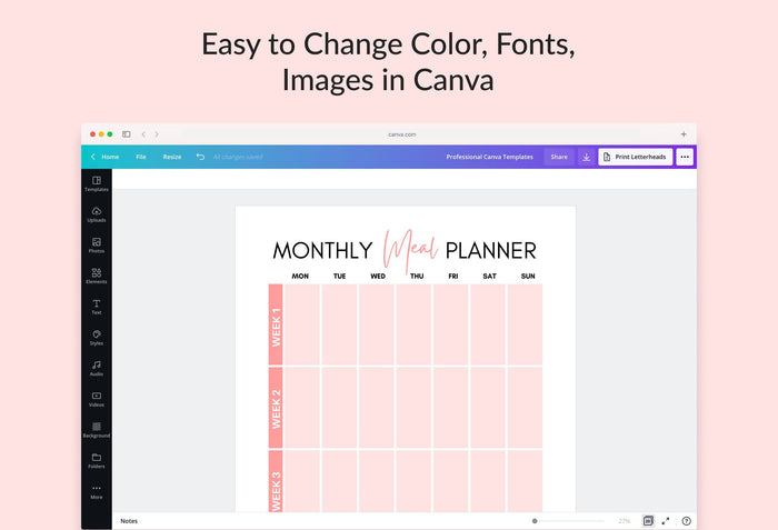 Ladystrategist Salmon Rose Monthly Meal Plan Calendar Printable and Editable Canva Template instagram canva templates social media templates etsy free canva templates