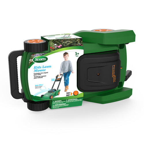 A green and black Scotts Water Squirting Lawnmower by Red Toolbox is shown in its packaging with a picture of a child pushing the toy. The box indicates it’s suitable for ages 3 and up.